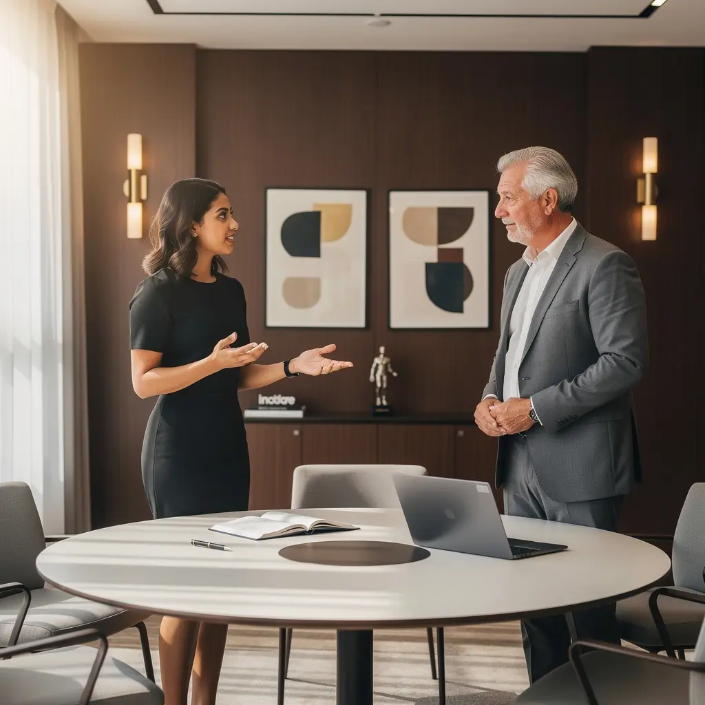 Witryna z informacjami dla gości w eleganckim otoczeniu.